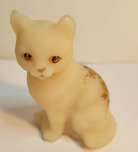 Fenton Satin Yellow Custard Cat with Brown Roses Hand Painted &amp; Signed - £23.98 GBP