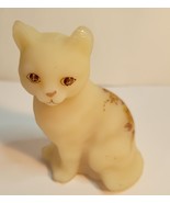 Fenton Satin Yellow Custard Cat with Brown Roses Hand Painted &amp; Signed - £23.43 GBP