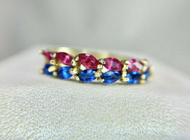 14K Yellow Gold Over 1Ct Marquise Blue Sapphire &amp; Ruby Fancy Wedding Band Ring - £82.10 GBP