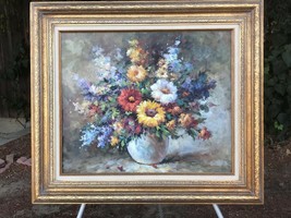 T BENDER Original Oil on Canvas Mid Century Modern Vintage Floral Still Life - £417.26 GBP