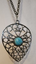 EL Erica Lyons Turquoise Gem Pewter Pendant Long Chain Necklace Jewelry Signed - £6.27 GBP