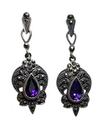 Vintage 925 Sterling Silver Genuine Amethyst Tear Drop  Marcasite Drop E... - $80.00