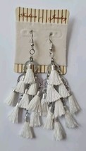 Earrings White Tassels Chandelier 3.5&quot; Dangle Drop Silver Tone French Wire  - $8.63