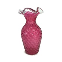 Vintage Cranberry Art Glass Ruffled Top Clear Crest Diamond Optic Vase 9-1/2&quot; - £44.81 GBP