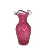 Vintage Cranberry Art Glass Ruffled Top Clear Crest Diamond Optic Vase 9... - £44.04 GBP