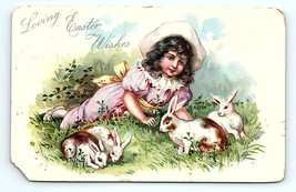 Postcard Tucks 1908 Loving Easter Wishes Little Girl In Hat With Bunny Rabbits - £5.13 GBP