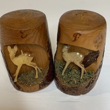 Vtg Salt and Pepper Shakers Wood Carved Deer Fawn Japan Rustic Natural Brown - £9.94 GBP