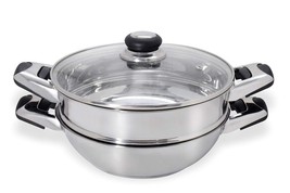 Kadai and Steamer with Glass Lid Stainless Steel Multipurpose 22cm, Silver - £43.76 GBP