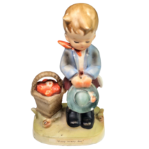 hummel-like Figure “pray every day” RARE Erich Stauffer Boy W Apples Porcelain - $29.99