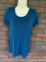 Teal Blue Pocket T-Shirt Medium Thin Short Sleeve Scoop Stretch Tee Top ... - £3.75 GBP