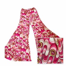 1970&#39;s Inspired Pink Psychedelic Peace Sign Print Wide Bell Pants Barbiecore - £26.16 GBP
