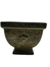 Planter Stoneware Pottery Square Tapered Scroll Floral Earth Tones Green... - $20.57