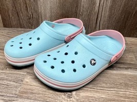 Crocs Crocband Clogs Mens 8 Womens 10 Ice Blue Pink Slip On Comfort Mule EUC - £15.56 GBP