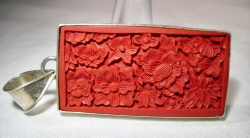 Primary image for Vintage Sterling Silver Cinnabar Floral Red Pendant K437