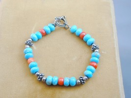 Sterling Coral Turquoise &amp; Sterling Bead Bracelet Toggle Clasp 8.5&quot; - £23.97 GBP