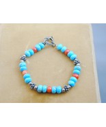 Sterling Coral Turquoise &amp; Sterling Bead Bracelet Toggle Clasp 8.5&quot; - £23.97 GBP