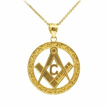 14K Solid Gold Freemason Masonic Square and Compass Round Pendant Necklace - £196.51 GBP+