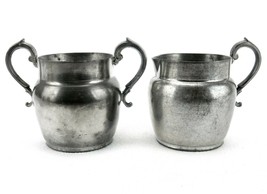 Old Colonial Pewter Cream &amp; Sugar Bowl, Flat Collar Rim, Scroll Handles #PWTCS10 - £15.66 GBP
