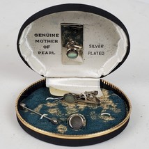 Vintage Silver Plated Mother Of Pearl Tie Pins Money Clip w/ Box - £28.37 GBP