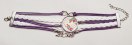 Silver Tone White Purple Braided Cord Autism Awareness Love 8&quot; Charm Bracelet - £5.53 GBP