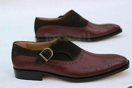 Handmade Men&#39;s Leather Burgundy &amp; Brown Oxford Brogue Single Monk Shoes-38 - £165.13 GBP