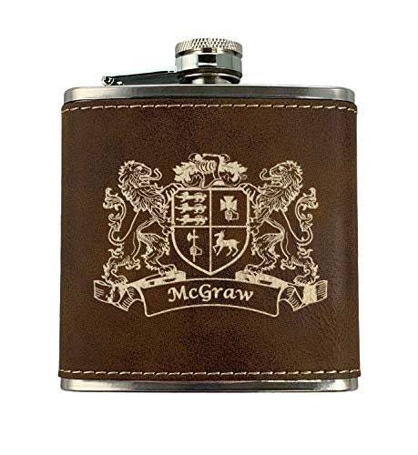 McGraw Irish Coat of Arms Leather Flask - Rustic Brown - $24.95