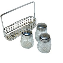 Vintage Tabletop Silver tone Salt Pepper condiment Glass Set Shakers caddy - £11.13 GBP