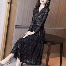 V-neck Solid Color Lace Korean Elegant Dresses - £53.12 GBP