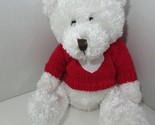 Plush white teddy bear red sweater heart shaggy stringy fur - $13.50