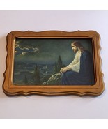 Vintage Jesus prayer Mount of Olives Print scalloped gold wood frame 16.... - $42.04