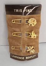 Lawrence Bentley Gold Trio Pins 3 Pack Safty Pins Clover Leef Pinwheel  - $9.29