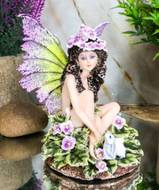 Whimsical Violet Purple Girl Fairy Sitting On Pansy Garden Bed Pixie Figurine - $39.99