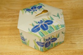 Vintage Porcelain Trinket Box Stacked Canister Hex Shape Blue White Iris Flowers - £19.70 GBP