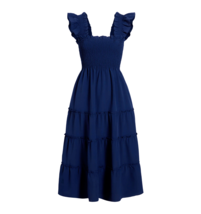 NWT Hill House Ellie Nap Dress in Navy Crepe Smocked Midi Ruffle XS Pock... - $118.80