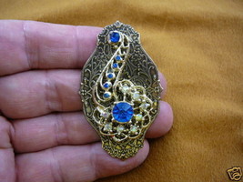 (br-269) Flower Crystal white blue rhinestones filigree scroll brass pin pendant - £22.34 GBP