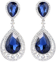 Womens Silver-Tone Austrian Crystal Big Hollow Out Teardrop Dangle Earrings Blue - £34.41 GBP