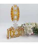 Art Deco Cut Glass Perfume Bottle with Amber Accents and Feather Stopper - $82.88 CAD