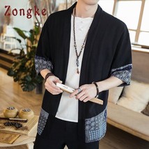 Zongke Chinese Style Linen Kimono Cardigan Coat Japanese Kimono Men Jacket Stree - £64.99 GBP