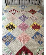 Antique 1950s Handmade Quilt Feedsack Maple Leaf Quilted Blocks Colorful... - $358.56 CAD
