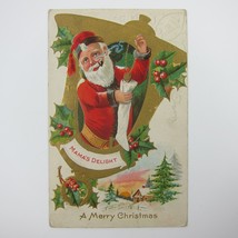 Vintage Christmas Postcard Santa Smoke Pipe Necklace Gold Bell Embossed Antique - £15.75 GBP