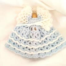 Vintage Clothespin Angel  Crocheted Blue White  Handcrafted Ornament Ribbon Bow - £7.97 GBP