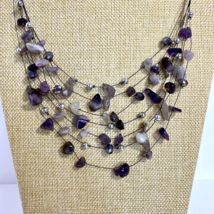Amethyst Chips Crystals Multi Strand Wire Floating Bead Illusion Purple Necklace - £20.06 GBP