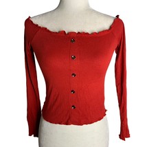 Guess Off the Shoulder Stretch Crop Top M Red Lettuce Hem Long Sleeves Buttons - £14.54 GBP