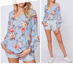 Peach Love California Women&#39;s Boho Bell Sleeve Floral Top White Blue Str... - $16.29