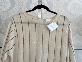 BRUNELLO CUCINELLI Sequin Accent 3/4 Sleeve Linen &amp; Silk Sweater Sz L $1... - $593.90