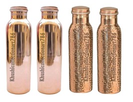 Handmade Copper Water Drinking Bottle 2 Plain 2 Hammered Bottle Health Benefits - £48.45 GBP