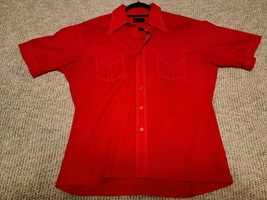 JC Penney L Shirt Button Down Red Poly/Cotton No Iron Bowling Pocket VTG 70s - £13.31 GBP