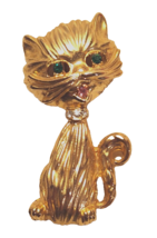 Cat Pin Brooch Texture Gold Tone Body Green Rhinestone Eyes Crystal Collar - $14.99