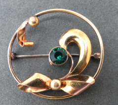 Art Deco Carl Art Gold Filled Brooch Green Glass Rhinestone Round Pin Bo... - $24.74