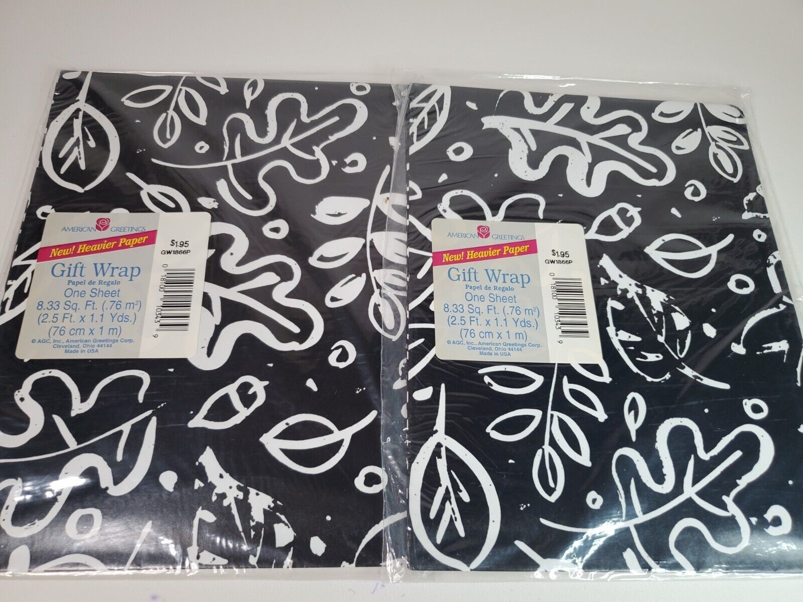 American Greetings Wrapping Paper Gift Wrap 2 Sheets Black & White LEAVES NOS - $14.80